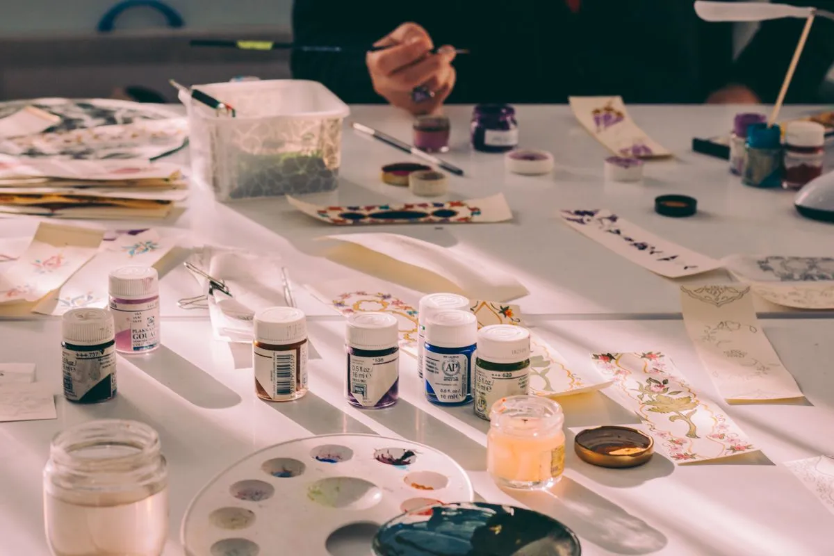 Creative art studio with paints and supplies