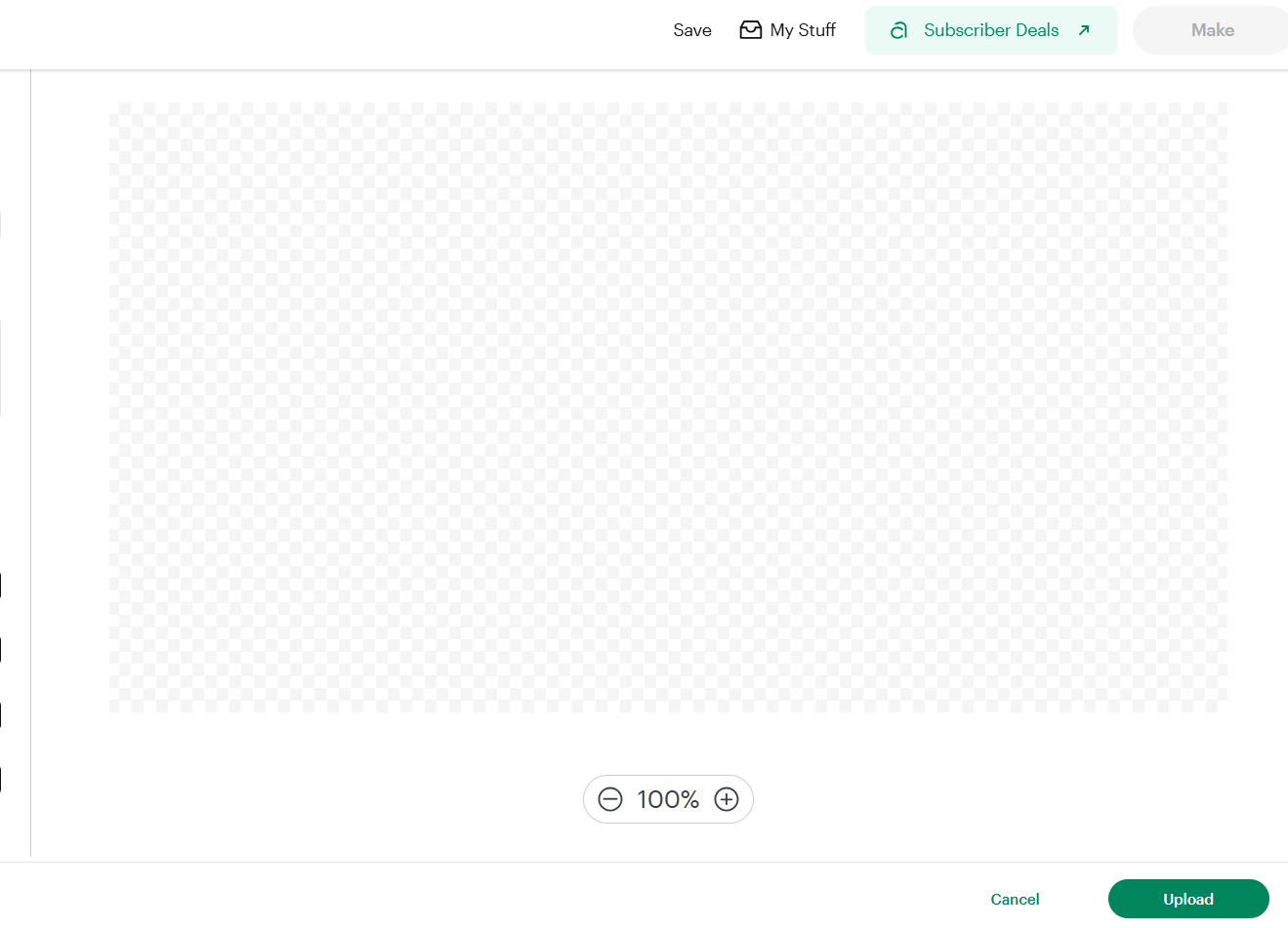 Cricut Design Space showing a blank canvas before clicking Upload, for an outline-only cut file