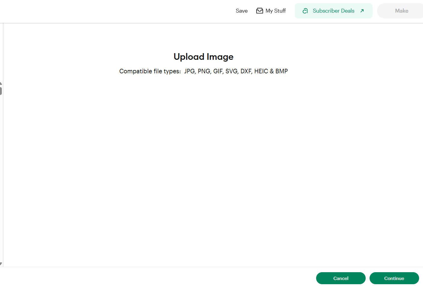 Cricut Design Space's Upload Image dialog with a Continue button