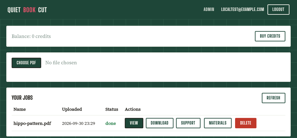 The QuietBookCut jobs page with a Choose PDF button and an existing finished job listed below it.