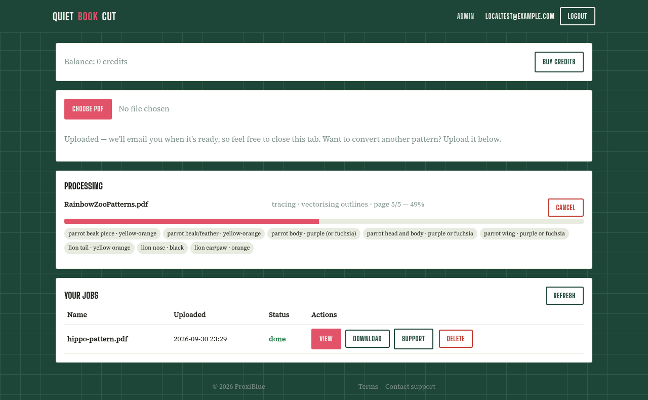 The processing view mid-run, showing a progress bar and a live feed of chips naming each pattern piece as it's found.