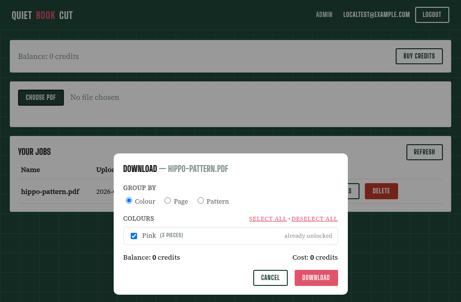 The download dialog with Color/Page/Pattern grouping tabs and a checklist of colors to download.