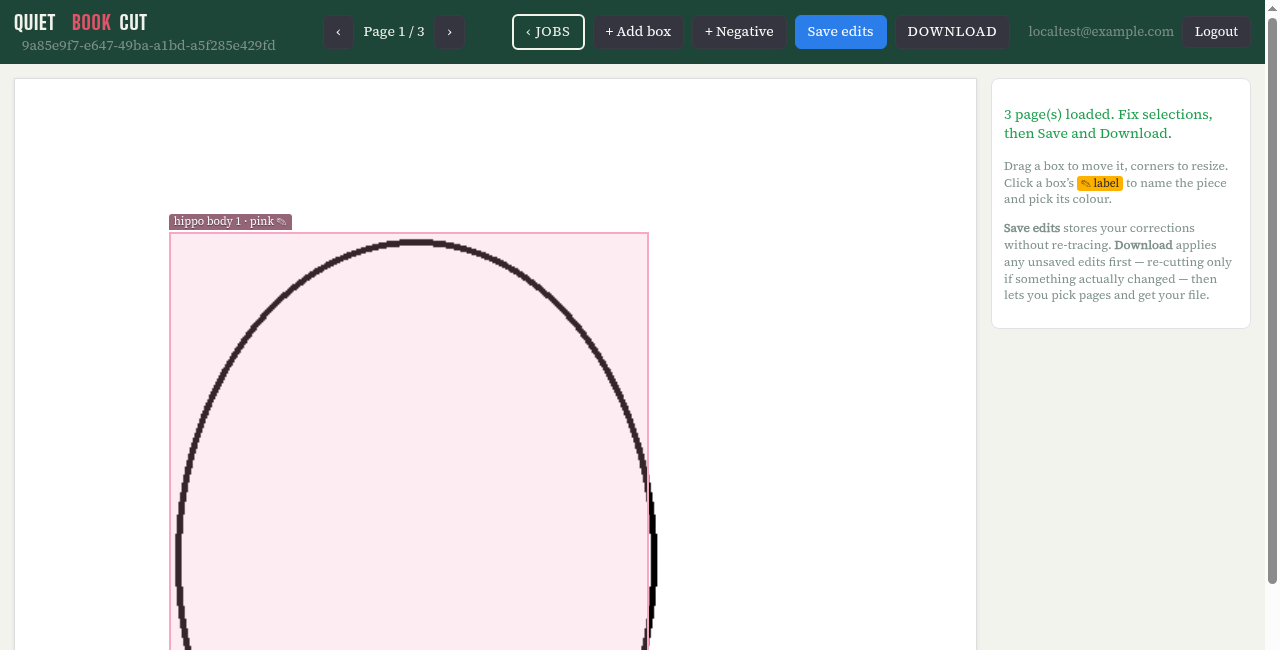 The correction editor showing a traced pink hippo-body piece with its label, and a sidebar explaining how to drag, resize, and relabel boxes.