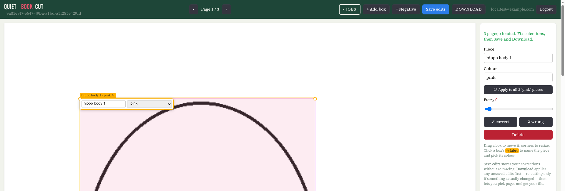The correction editor with a piece selected, showing the toolbar and the inspector panel with Piece, Color, Apply to all, Fuzzy, correct/wrong, and Delete controls.