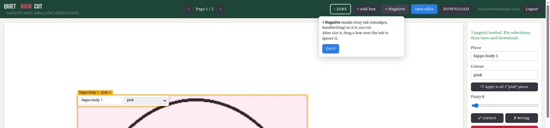 The editor showing the tooltip that appears after clicking + Negative, explaining to drag a box over the stray ink to mask it.