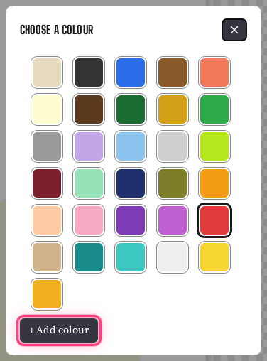 The Choose a color window: a grid of felt color squares with the current red one outlined, and a + Add color button at the bottom.