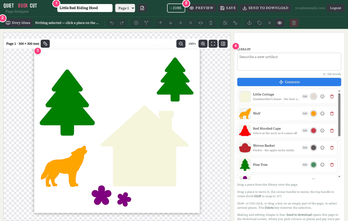 The page designer showing a Little Red Riding Hood page with two pine trees, a cottage, an orange wolf and two purple flowers, with numbered badges on the book bar, the tool bar, the page, the library and the Preview button.