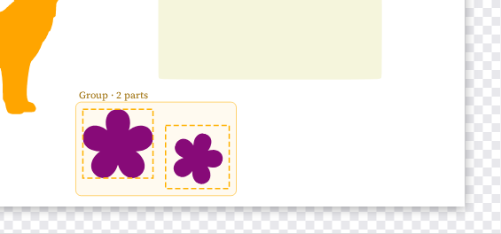 The two flowers grouped, with a faint frame around both labelled Group · 2 parts.