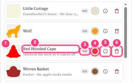 The library with Little Cottage, Wolf, Red Hooded Cape and Woven Basket cards; the Red Hooded Cape card has numbered badges on its picture, name, felt badge, color dot, info button and bin button.
