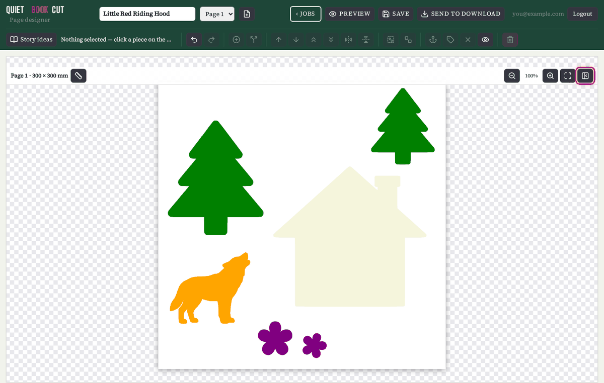 The designer with the library panel hidden, so the page fills the whole width; the show panel button at the top right is highlighted.