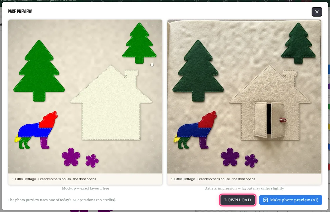 The Page preview window with two pictures side by side: on the left a felt-textured mockup of the cottage page with stitched edges and the wolf in colored parts, and on the right an AI photo of the same page sewn in felt, where the cottage door is shown open; a Download button is highlighted.