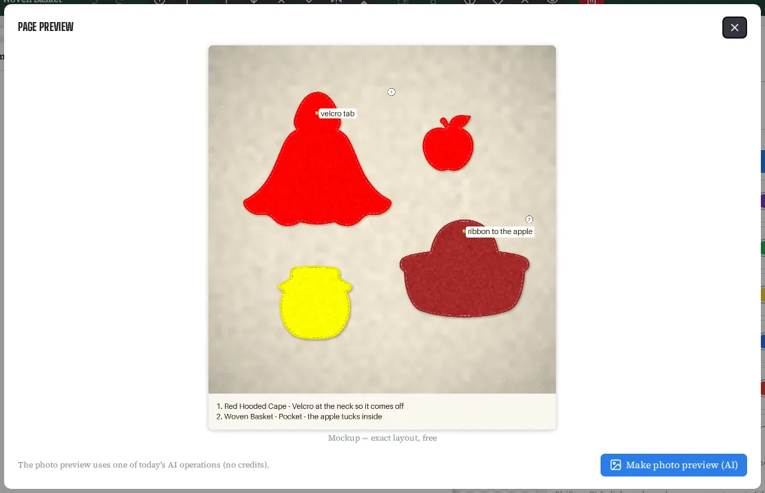 The mockup of page 2: a red cape with a brass pin labelled velcro tab, an apple, a honey jar and a basket with a brass pin labelled ribbon to the apple, and a legend listing 1. Red Hooded Cape - Velcro at the neck so it comes off and 2. Woven Basket - Pocket - the apple tucks inside.