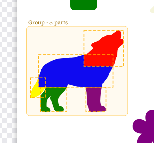 The wolf on the page now made of five colored parts (red head, blue body, yellow tail, green and purple legs) inside a frame labelled Group · 5 parts.