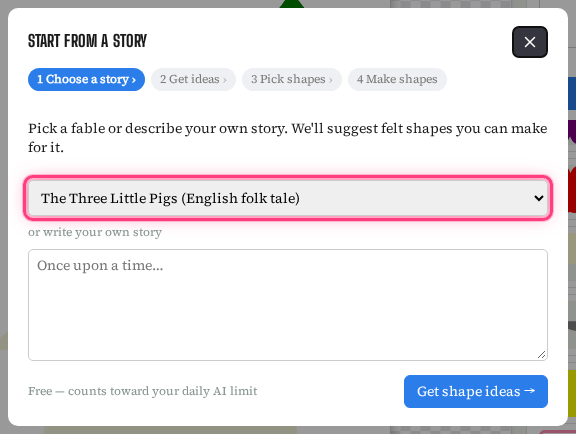 The Start from a story window, step 1 Choose a story, with The Three Little Pigs picked in the fable list and an empty box to write your own story.