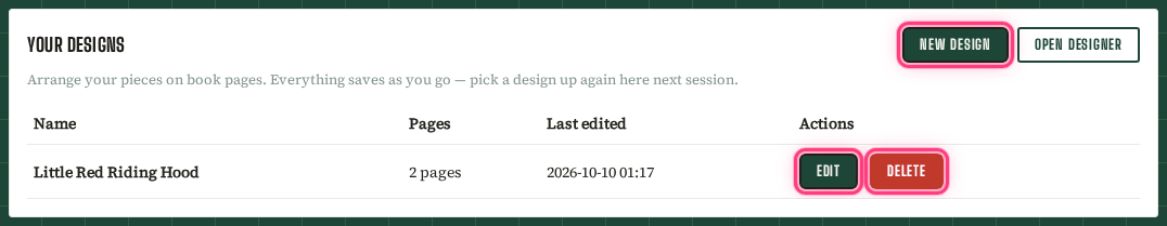 The Your designs card on the Jobs page, listing the book Little Red Riding Hood with 2 pages, its last-edited time, and Edit and Delete buttons; the New design button is highlighted.