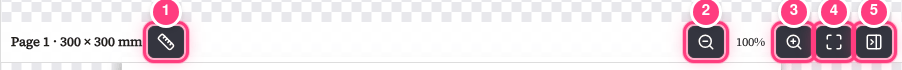 The bar above the page: the ruler button (1) for page size, then zoom out (2), zoom in (3), fit page (4) and hide panel (5).
